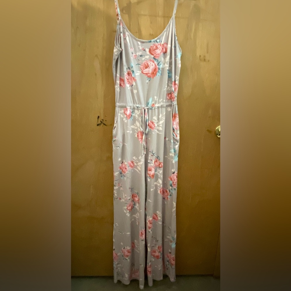 Pink and Tan Floral Jumpsuit with Spaghetti Straps